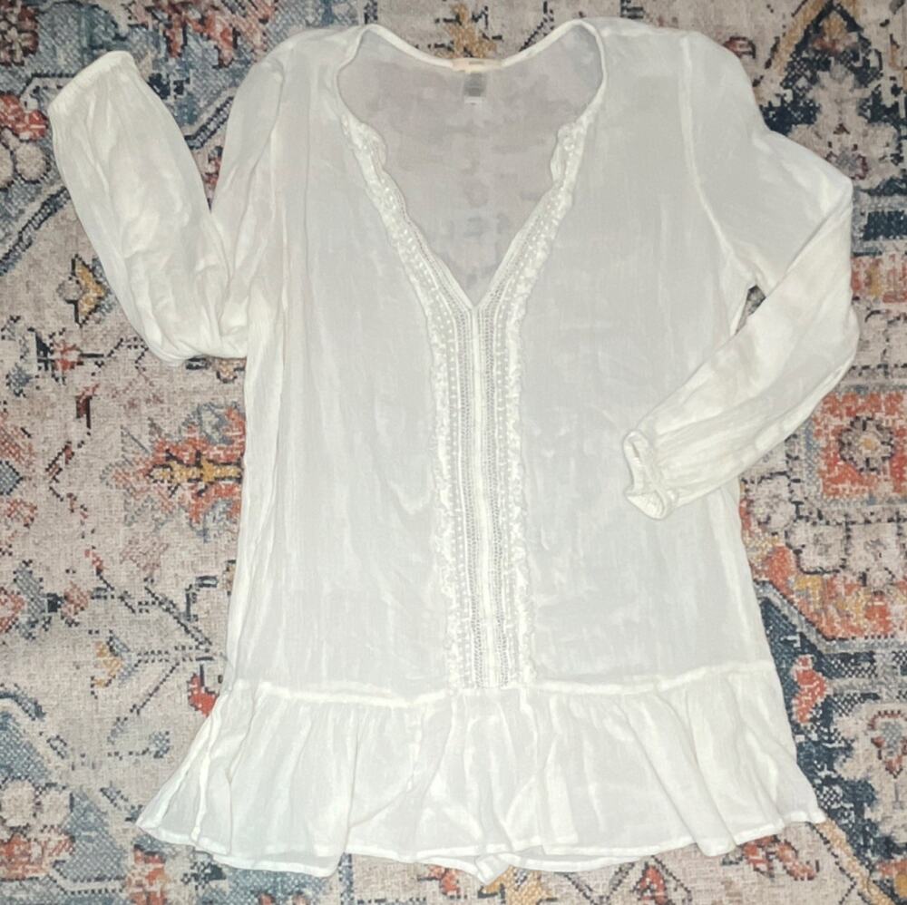 Eberjey White Bamboo Lace Tunic Dress Cover Up Boho Ruffle Hem Size S